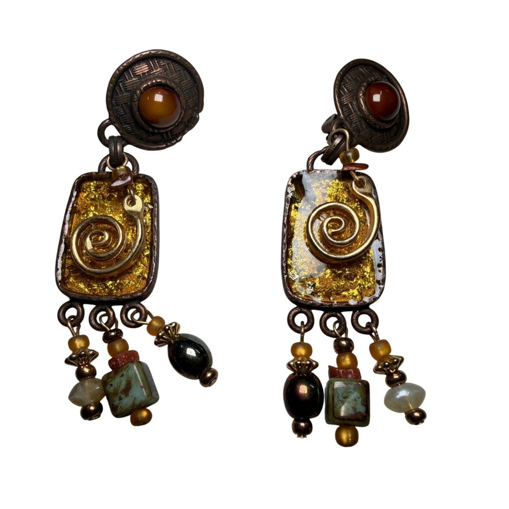 Robert Rose Vintage Copper Tone Dangle Earrings with Gold Leaf Resin/Stone Beads